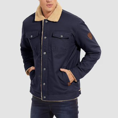 Men's Sherpa Lined Jacket Multiple Pockets Warm Black