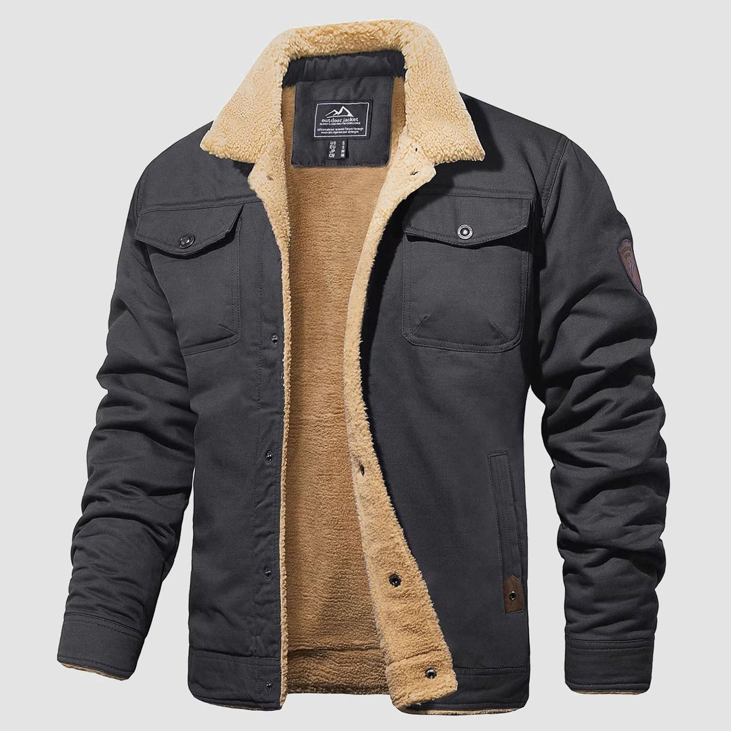 Men's Sherpa Lined Jacket Multiple Pockets Warm Black