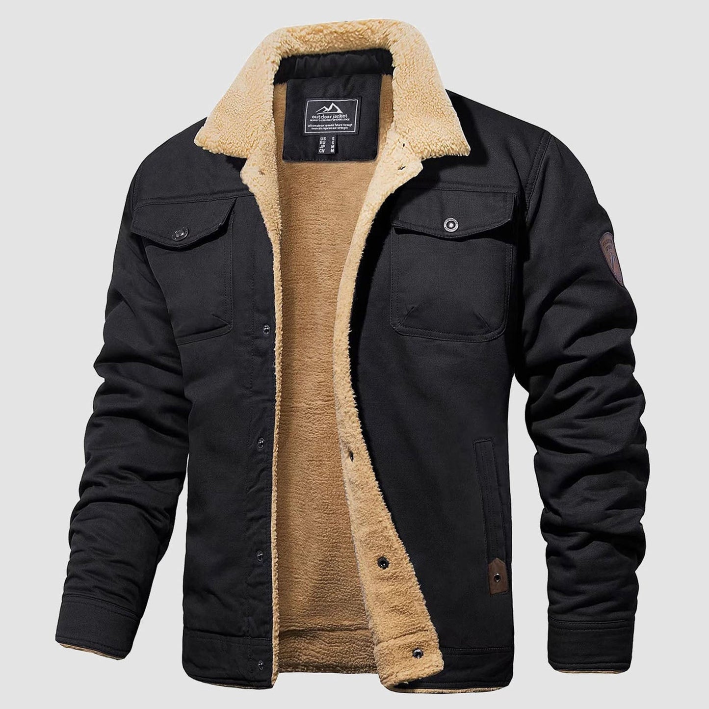 Men's Sherpa Lined Jacket Multiple Pockets Warm Black