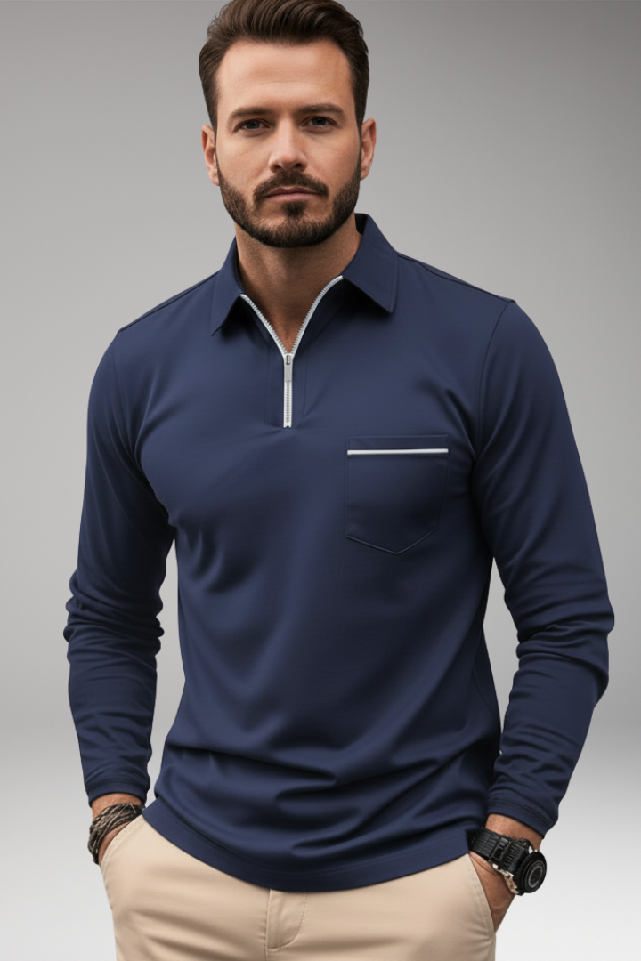 Men's Polo Shirt Long Sleeve Zip Pocket
