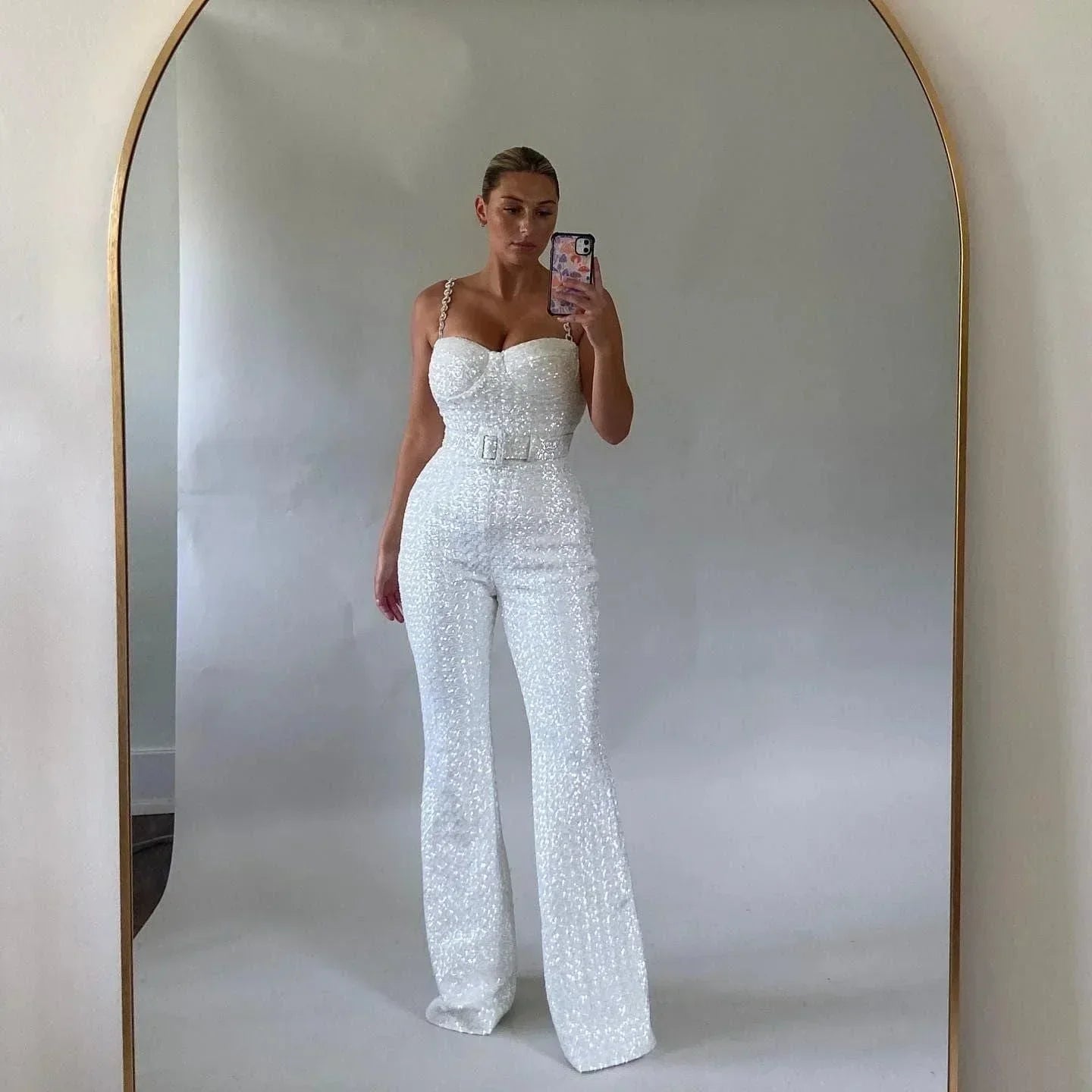 Sparkling Glitter Jumpsuit with Stylish Waist Belt