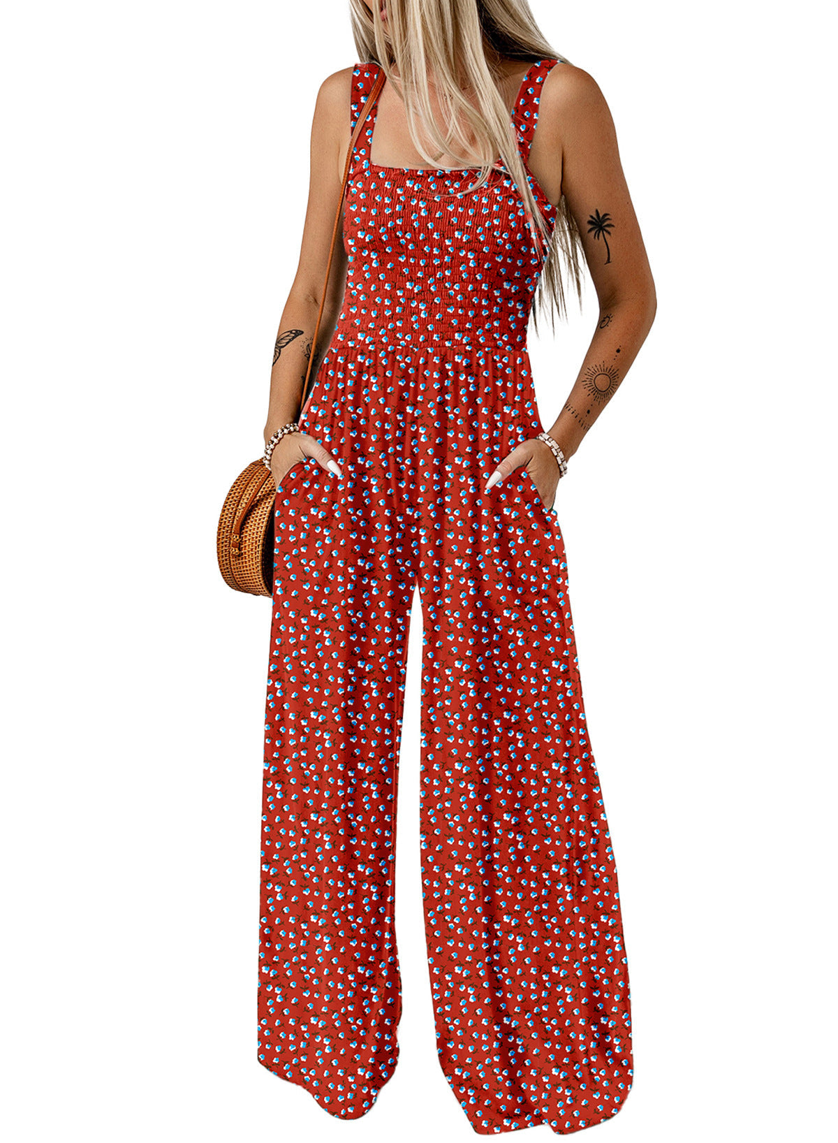 Image of Michaela | Women's Floral Smocked Wide Leg Jumpsuit