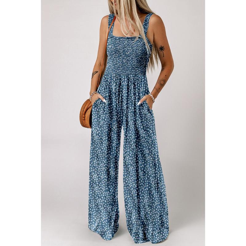 Image of Michaela | Women's Floral Smocked Wide Leg Jumpsuit