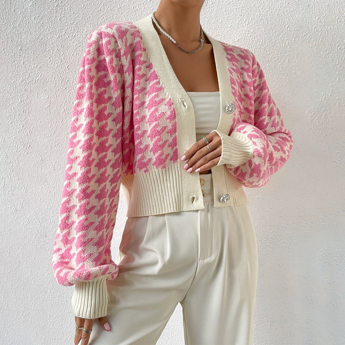 Women's Houndstooth Cardigan Cropped - Vonnera