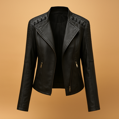 Woman wearing a modern PU jacket for women with a regular fit, stand up collar, and silver zipper accents, styled for spring and autumn outfits.