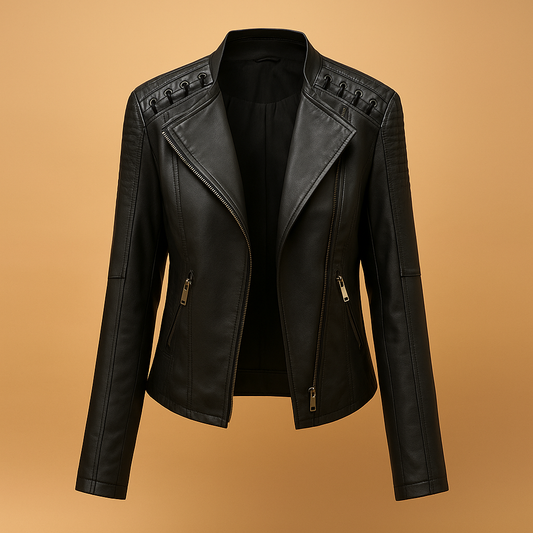 Woman wearing a modern PU jacket for women with a regular fit, stand up collar, and silver zipper accents, styled for spring and autumn outfits.