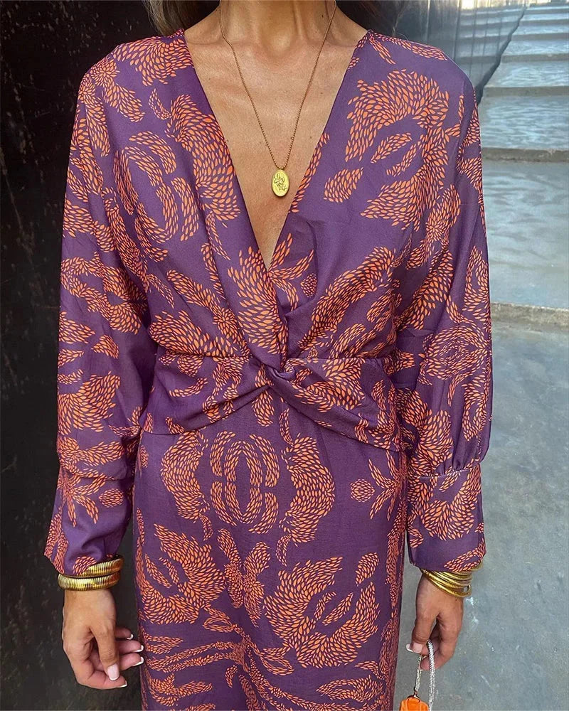 Mona – Knot-Front Kaftan Midi Dress with Sleeves