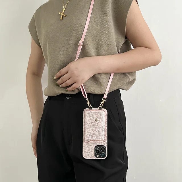 Leather Phone Crossbody Case With Lanyard Card Holder