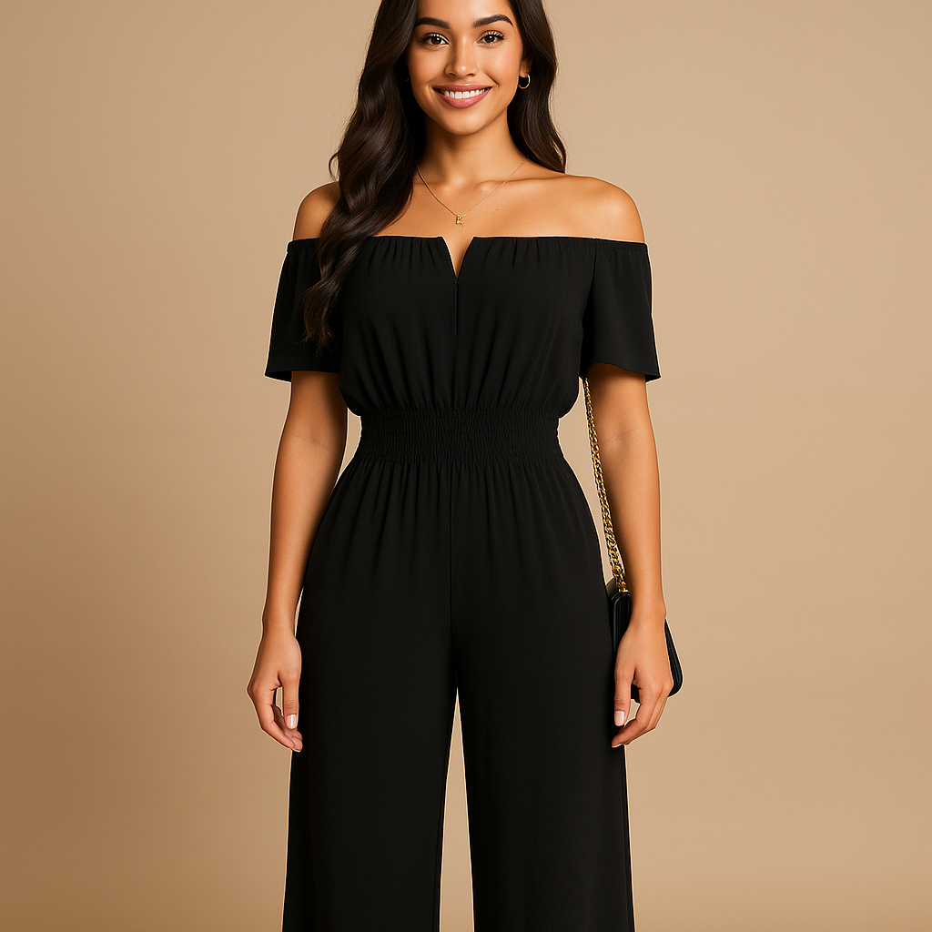 Woman wearing an off-shoulder pleated jumpsuit with an elastic waist, perfect for summer events, beach days, and casual chic outfits.