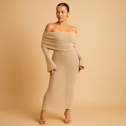 Women’s off shoulder summer dress in khaki, black or white, perfect for garden parties, holidays, and elegant summer occasions.