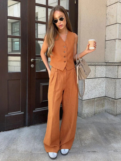 Women's Two Piece Suit Vest Wide Leg Pants