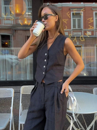 Women's Two Piece Suit Vest Wide Leg Pants