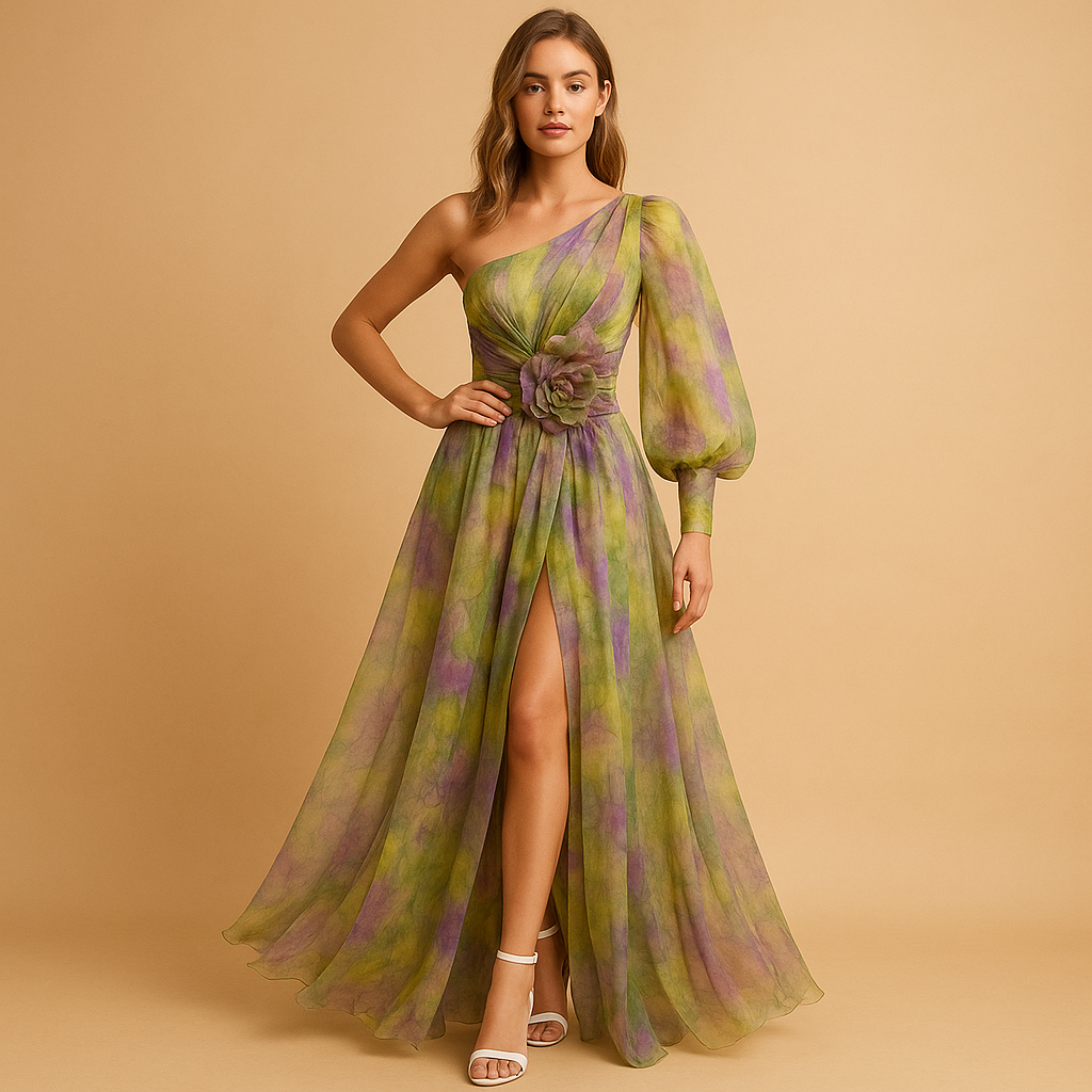 One shoulder beach maxi dress for women with asymmetrical design and side split, ideal for summer vacations and romantic beach dinners.