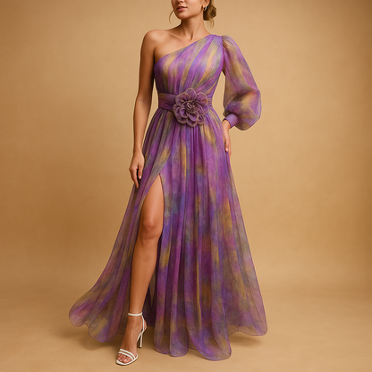One shoulder beach maxi dress for women with asymmetrical design and side split, ideal for summer vacations and romantic beach dinners.