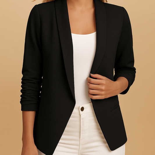Open front women’s blazer with a flattering silhouette in timeless shades, ideal for work, business meetings, and casual chic outfits.