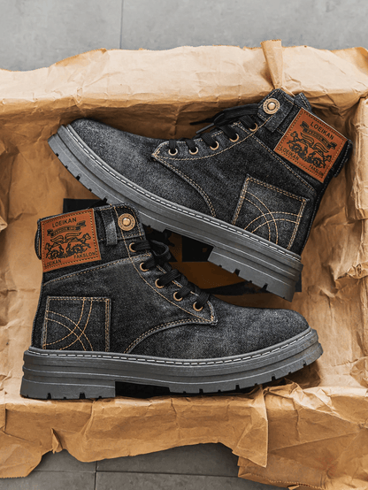 Men's Denim Lace-Up Boots Rugged Sole Blue