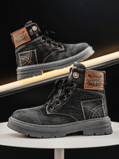 Men's Denim Lace-Up Boots Rugged Sole Blue