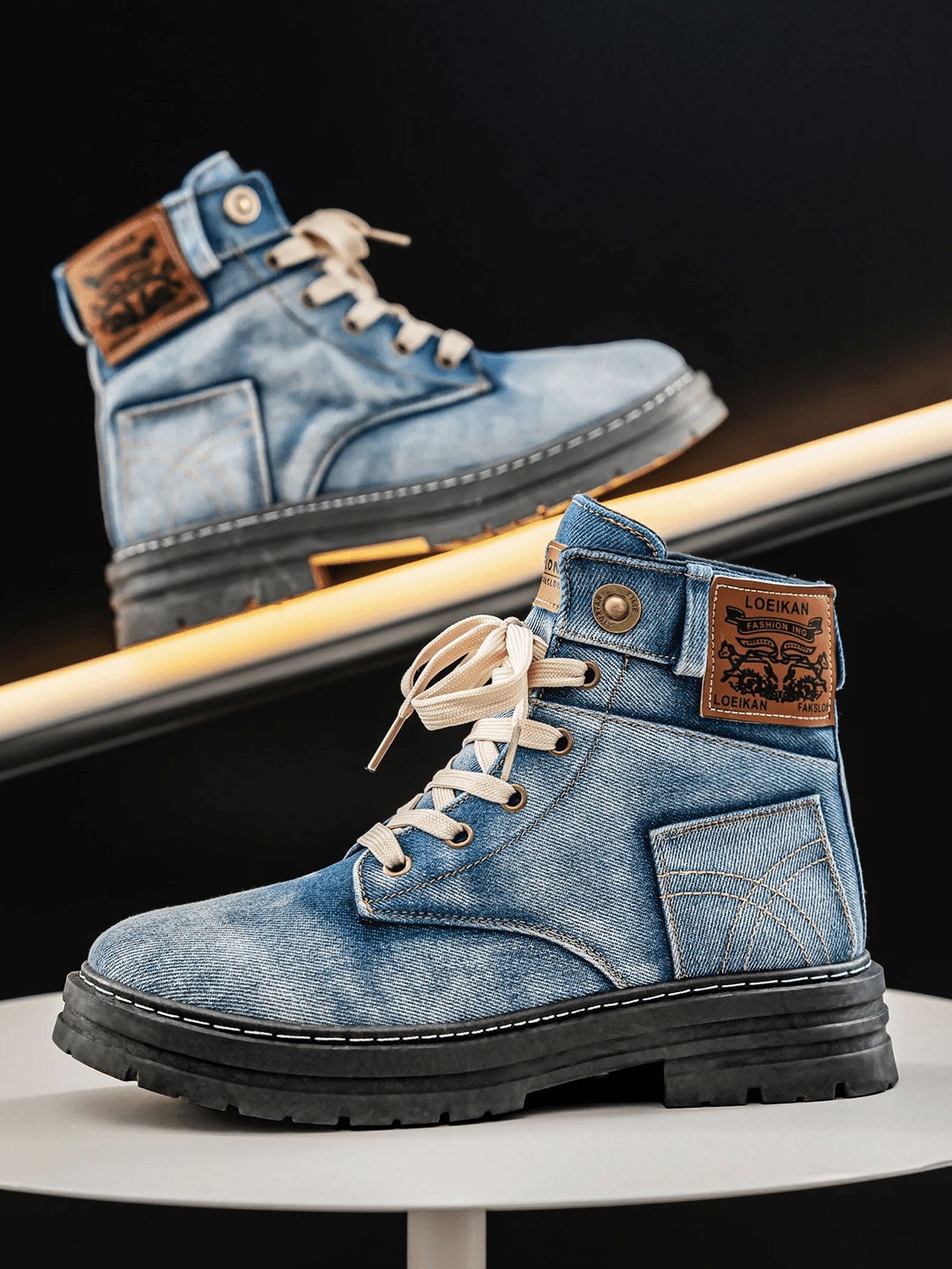 Men's Denim Lace-Up Boots Rugged Sole Blue