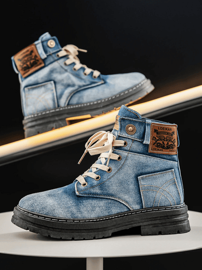 Men's Denim Lace-Up Boots Rugged Sole Blue