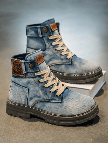 Men's Denim Lace-Up Boots Rugged Sole Blue