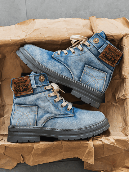 Men's Denim Lace-Up Boots Rugged Sole Blue - Vonnera