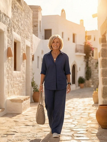 Vivian | Women's Casual Button-Down Shirt and Wide-Leg Pants Set