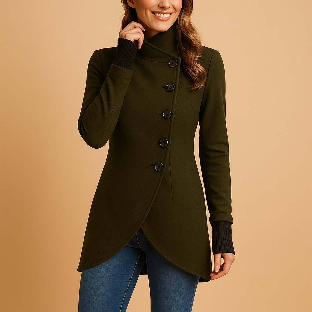 Woman wearing an oversized asymmetrical coat with a diagonal button closure, perfect for layering over winter outfits.
