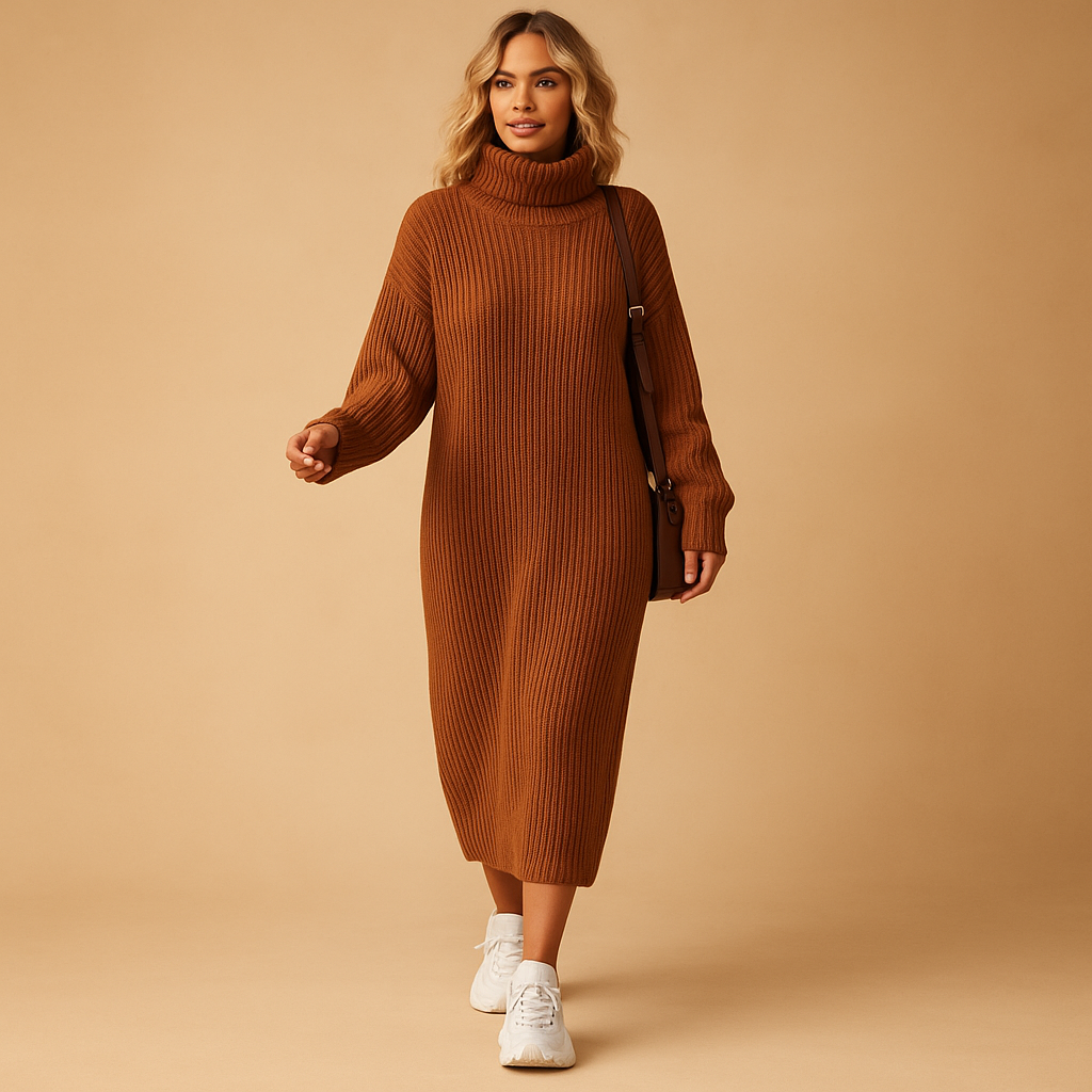 Oversized knit sweater dress for women with long sleeves and soft fabric, ideal for autumn walks and cozy winter outfits.
