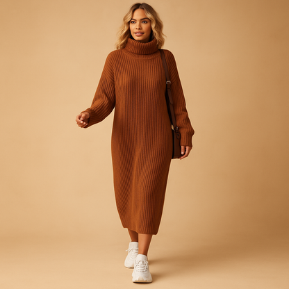 Oversized knit sweater dress for women with long sleeves and soft fabric, ideal for autumn walks and cozy winter outfits.