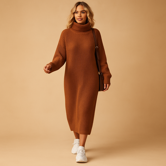 Oversized knit sweater dress for women with long sleeves and soft fabric, ideal for autumn walks and cozy winter outfits.