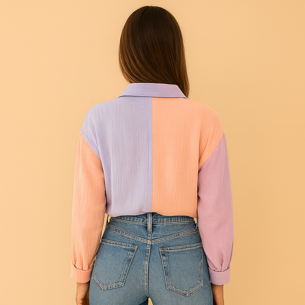Women’s patchwork blouse with an airy fit and vibrant colors, suitable for casual wear and semi-formal occasions.