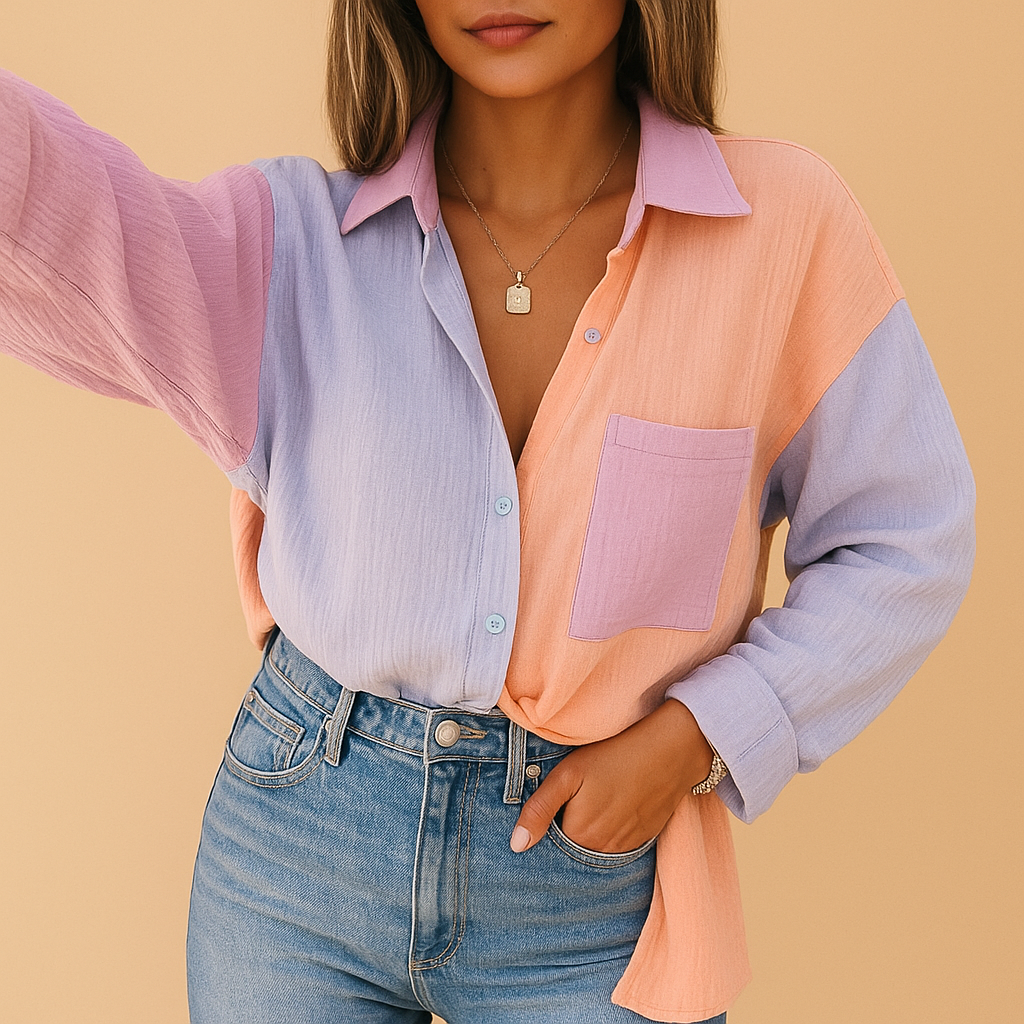 Women’s patchwork blouse with vibrant colors and an airy fit, ideal for casual outings and semi-formal occasions.