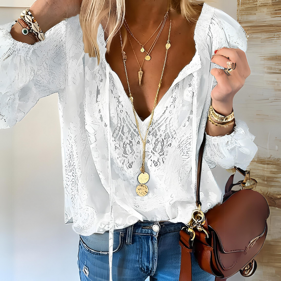 Image of Patricia | Women's Long Sleeve V-Neck Tie Neck Blouse