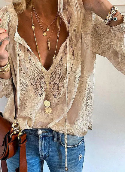 Image of Patricia | Women's Long Sleeve V-Neck Tie Neck Blouse