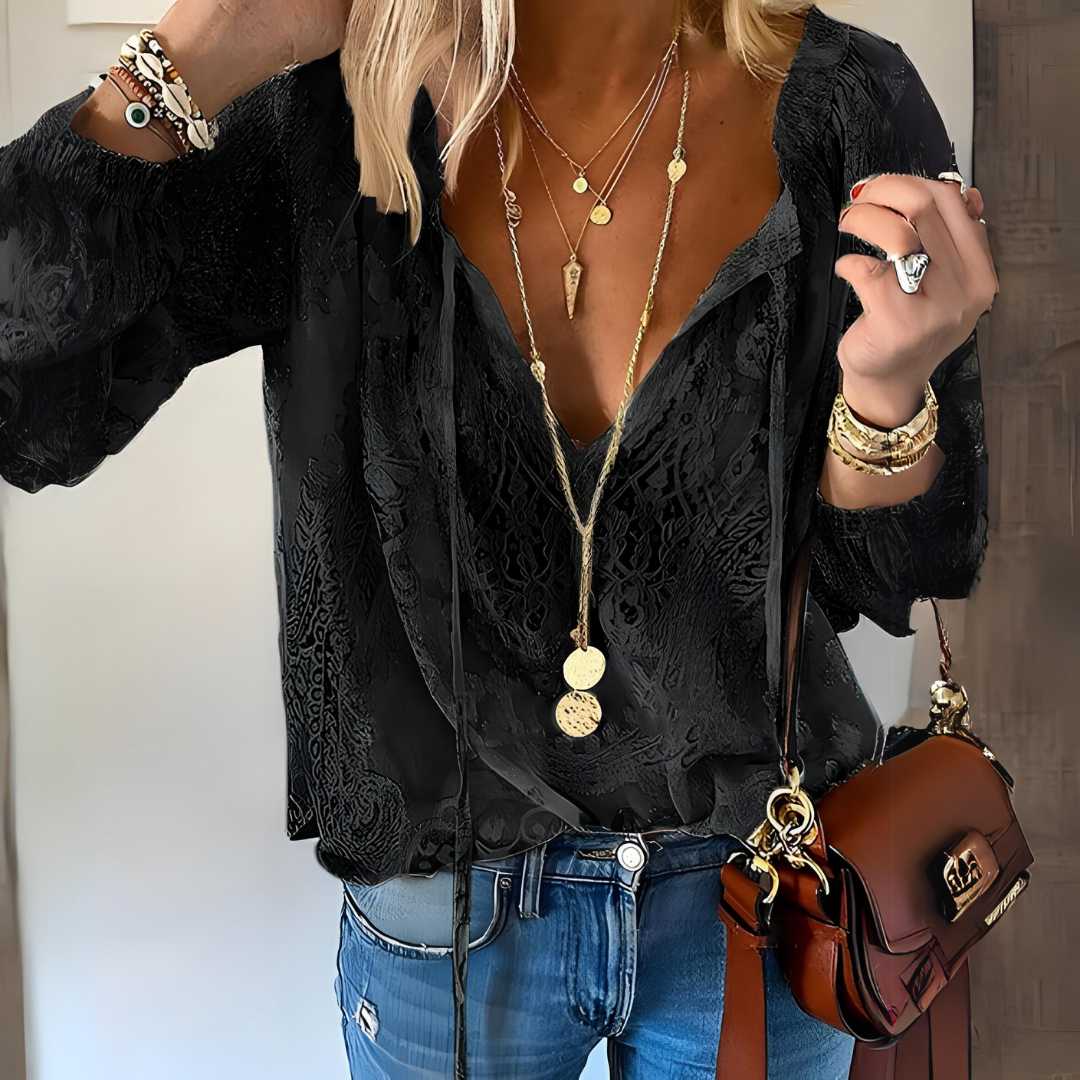 Image of Patricia | Women's Long Sleeve V-Neck Tie Neck Blouse
