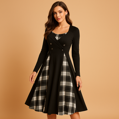 Plaid A-line dress for women with long sleeves and a flattering fit, perfect for work, formal occasions, and casual chic outfits.