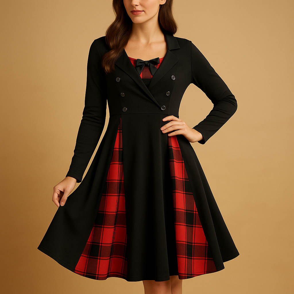 Plaid A-line dress for women with long sleeves and a flattering fit, perfect for work, formal occasions, and casual chic outfits.