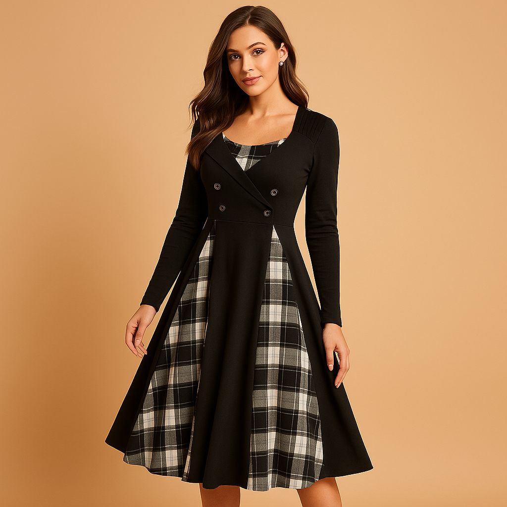 Plaid A line midi dress for women with long sleeves and double button front, ideal for work, dinners, and casual chic occasions.