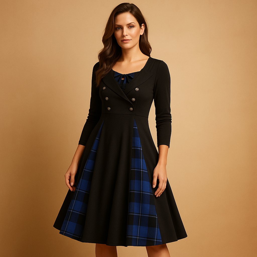 Plaid A line midi dress for women with long sleeves and double button front, ideal for work, dinners, and casual chic occasions.