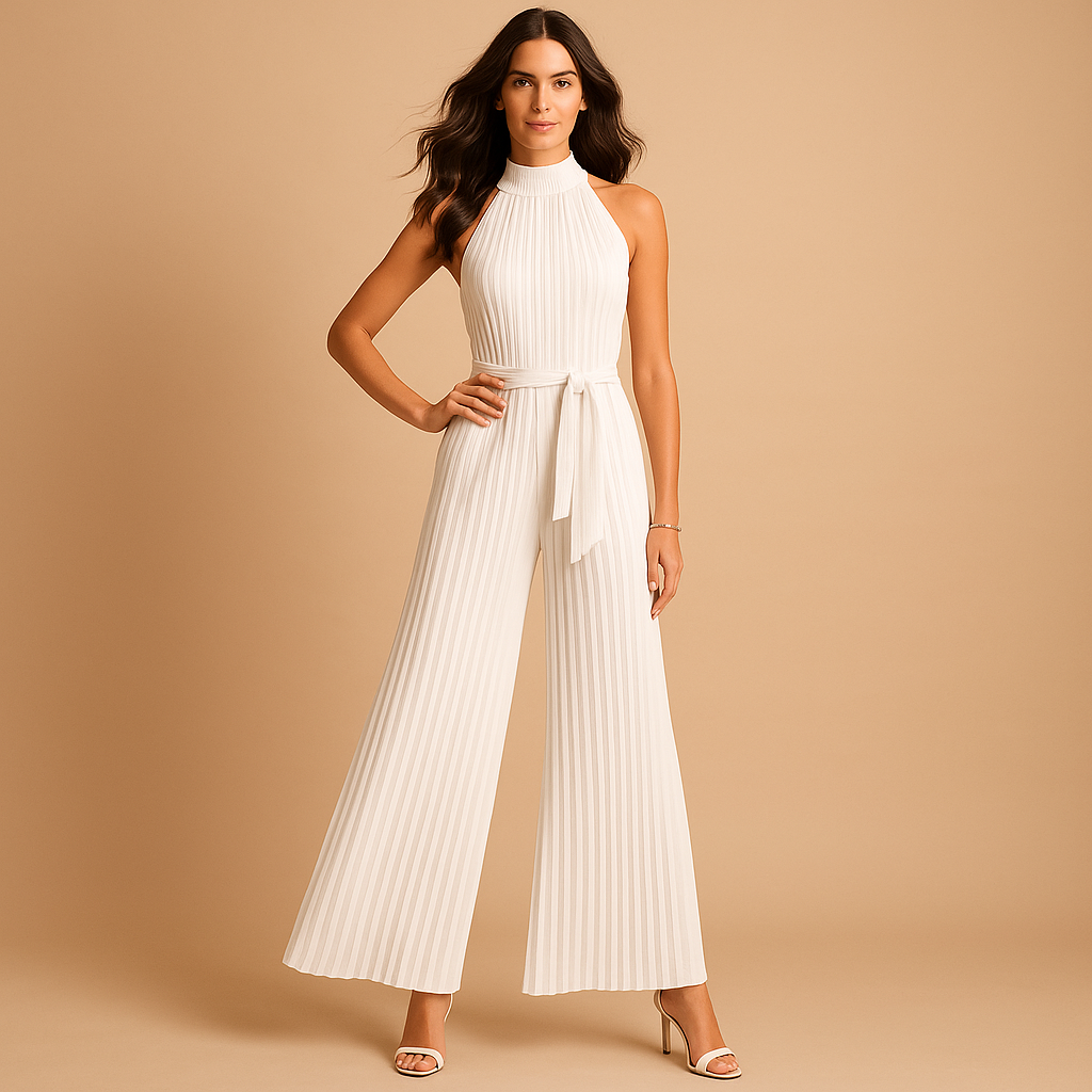 Woman wearing a pleated high-neck jumpsuit with wide legs and a waist belt, ideal for formal occasions and stylish daytime outings.