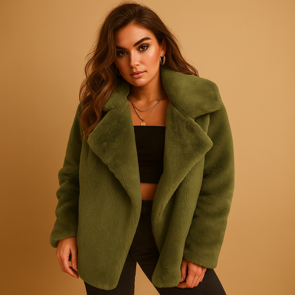 Women’s plush winter coat with medium length, lapel collar, and soft warm fabric in multiple stylish colors.