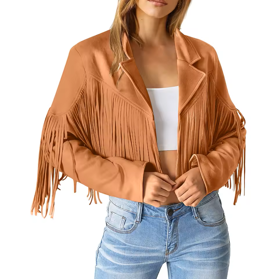 Women's Suede Fringed Jacket Boho Chic Brown