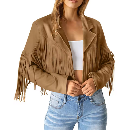 Women's Suede Fringed Jacket Boho Chic Brown