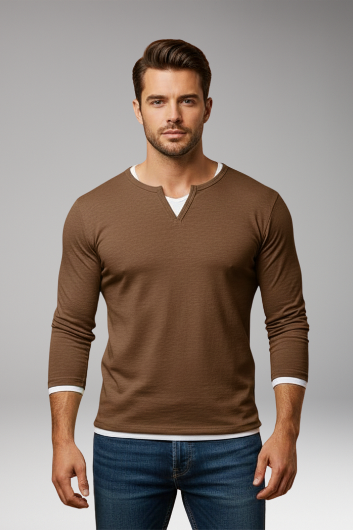 Men's Long Sleeve V Neck T Shirt Layered Design