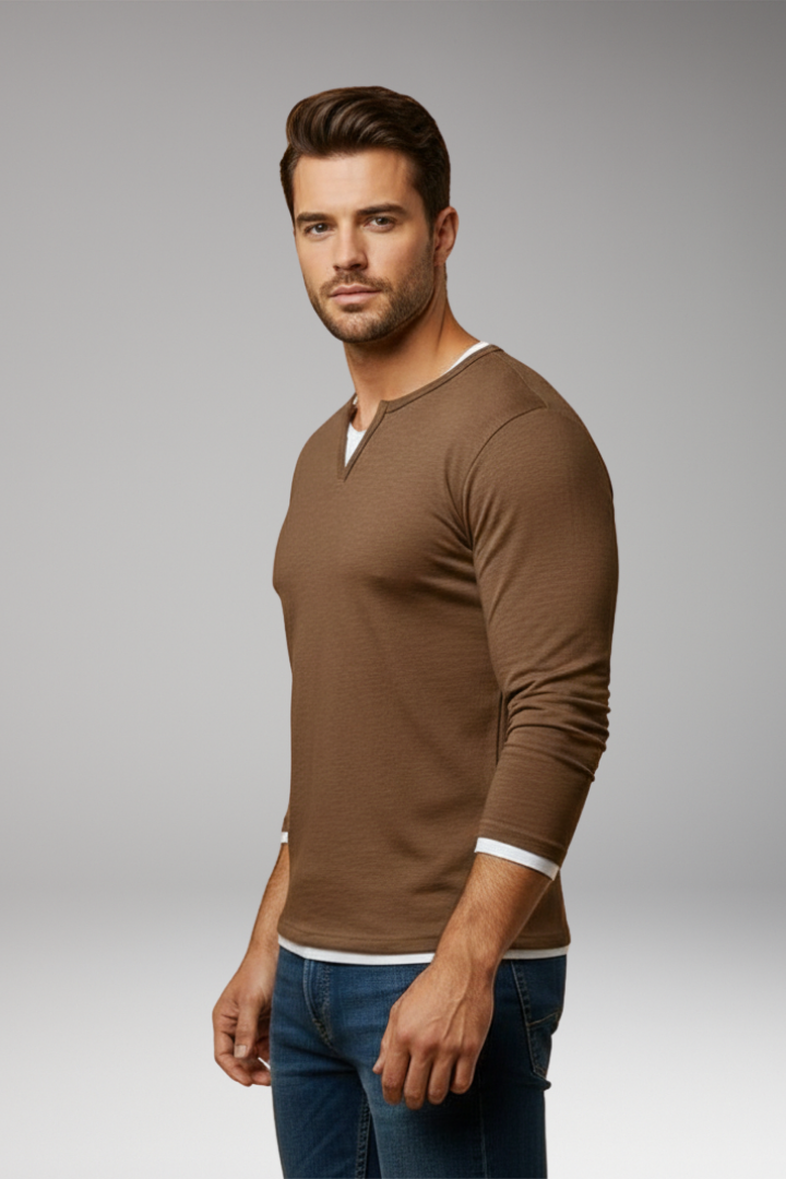 Men's Long Sleeve V Neck T Shirt Layered Design