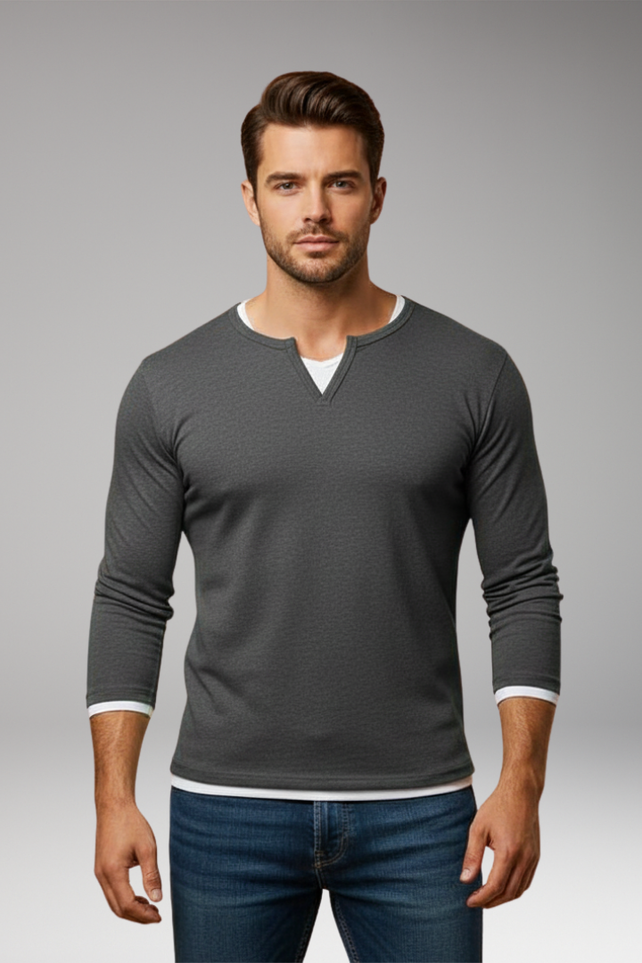 Men's Long Sleeve V Neck T Shirt Layered Design