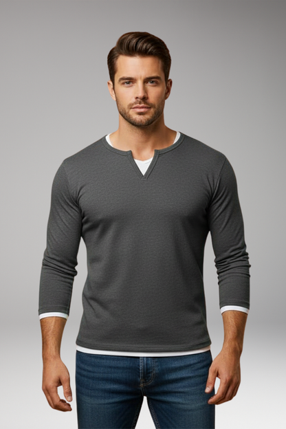 Men's Long Sleeve V Neck T Shirt Layered Design