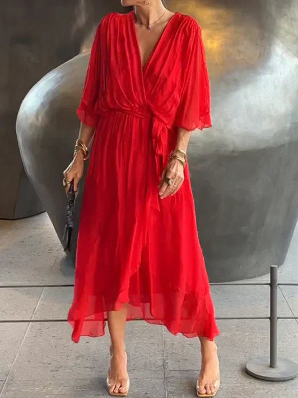 Women's Silk V-Neck Dress Soft Elegant