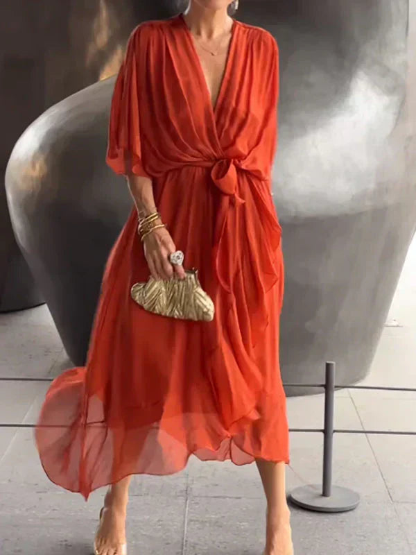 Women's Silk V-Neck Dress Soft Elegant