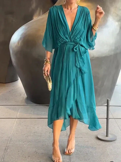 Women's Silk V-Neck Dress Soft Elegant